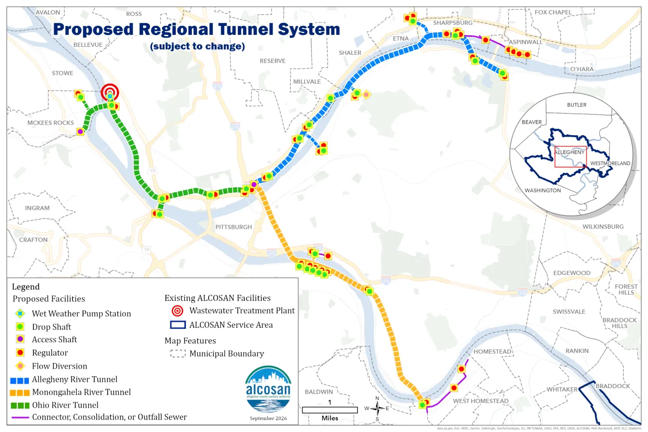 Map of the regional tunnel system, showing the proposed alignment of the three projects: the Ohio River Tunnel (first project), the Allegheny River Tunnel (second project), and the Monongahela River Tunnel (third project). Along with the tunnel alignment, the map also shows the proposed location of the near surface facilities including shafts and regulators.  