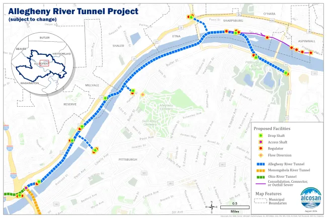 Map of the Allegheny River Tunnel, showing the proposed alignment of the main tunnel, starting in the City of Pittsburgh at the end of the Ohio River Tunnel and running east through Millvale, Etna, and Sharpsburg. The map also shows the Upper Allegheny Consolidation Sewer (UACS) project, which begins in Sharpsburg, runs through O’Hara and Aspinwall, and ends in the City of Pittsburgh. The map also shows the locations of the near surface facilities such as drop shafts, access shafts, regulators, and a flow d