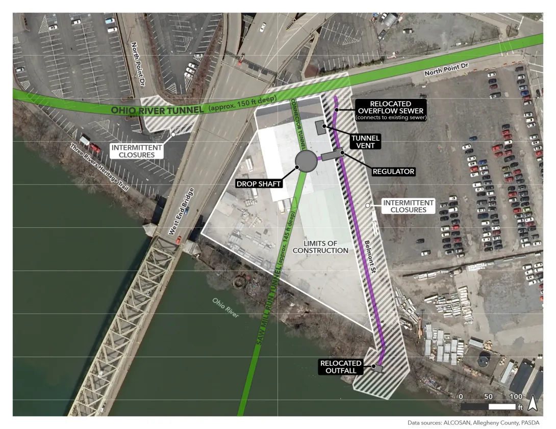 Aerial plan of the O41 site showing the Ohio River and Saw Mill Run tunnels connecting to a drop shaft, with a regulator, connector tunnel, tunnel vent, relocated sewer and outfall, and construction limits.
