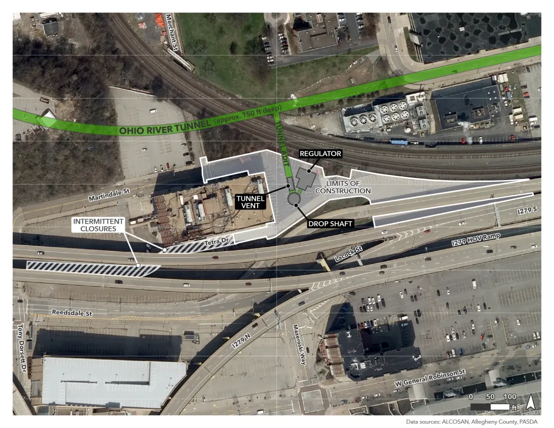 Aerial plan of the A48 site showing the Ohio River Tunnel about 150 feet underground, with a connector tunnel, regulator, drop shaft, tunnel vent, and construction limits.