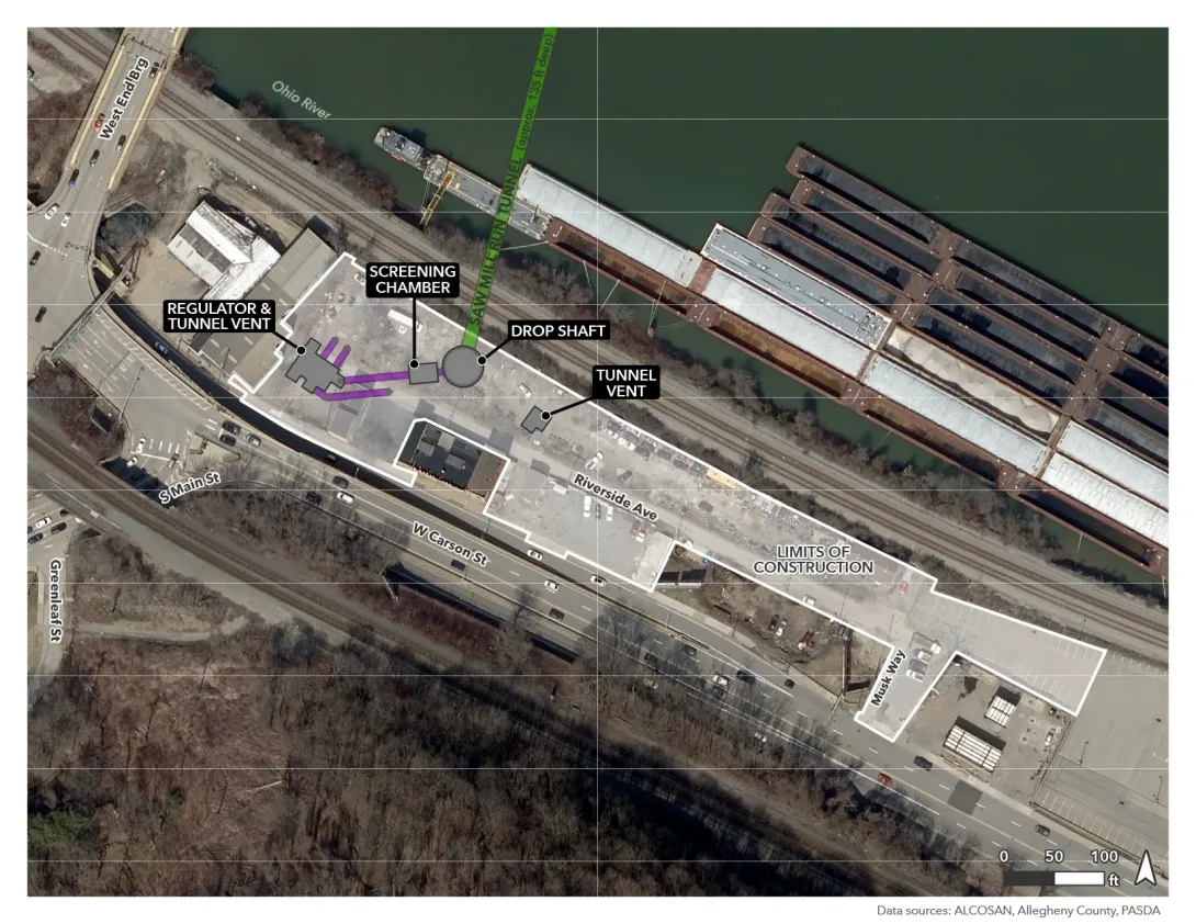 Aerial plan of the O14 site showing a regulator, screening chamber, and drop shaft connecting to the Saw Mill Run Tunnel, with a tunnel vent and construction limits.