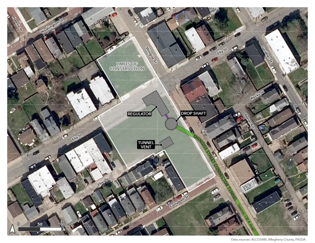 Aerial plan of the O06A site showing a regulator and drop shaft connecting to the Shingiss Street Connector Tunnel, with a tunnel vent and construction limits.